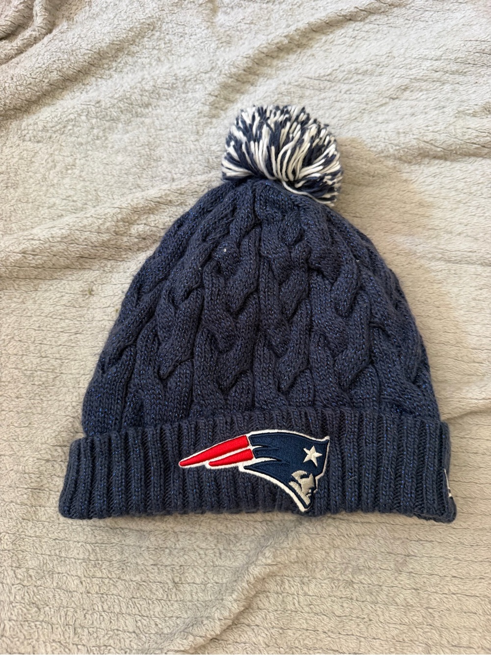 NFL Navy Knit Pom Beanie with Red & White Patriots Logo